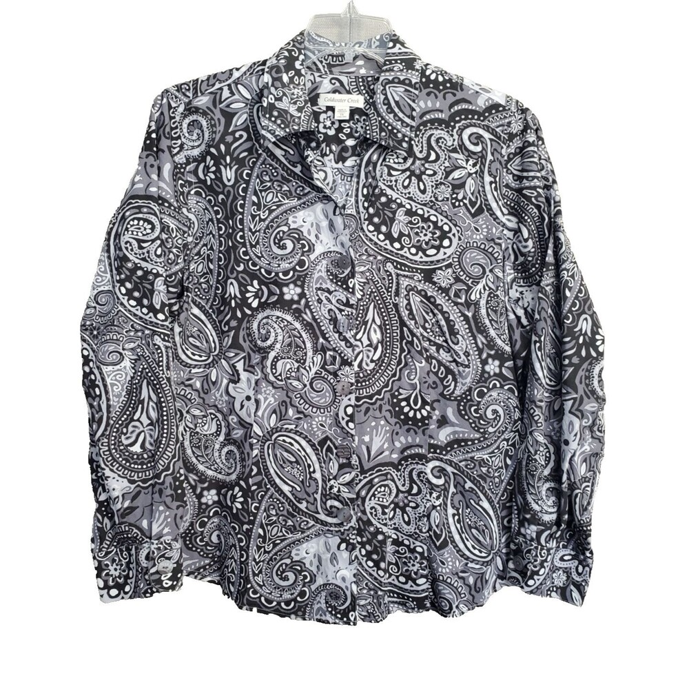Coldwater Creek No Iron 100% Cotton Gray Paisley Long Sleeve Button-Up Top 1X